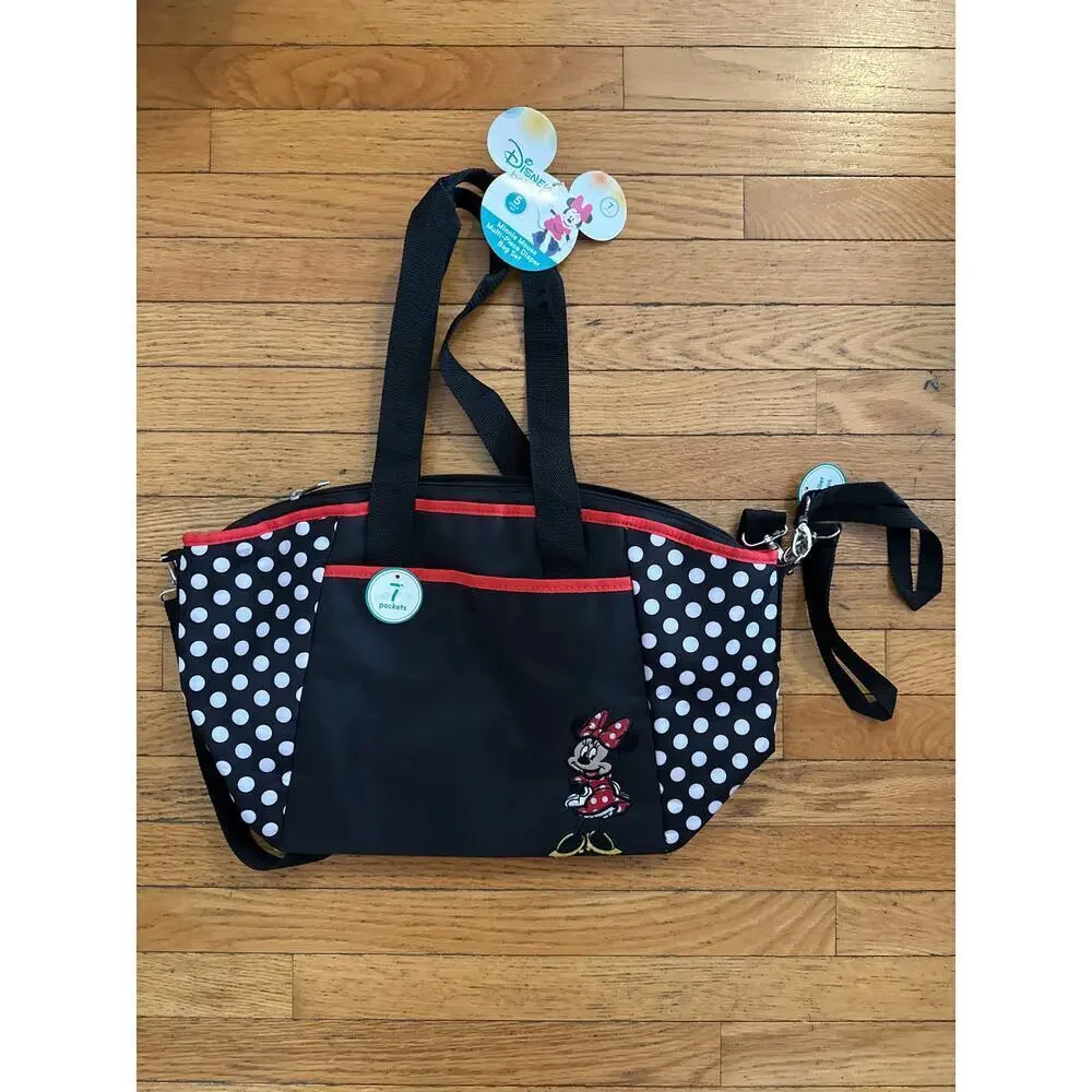 Disney Baby Minnie Mouse Diaper Bag 5 Piece Set Black Polka Dot Tote
